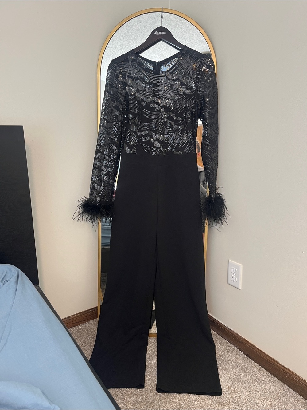 Luluβs Black Sequin & Feather Cuff Jumpsuit